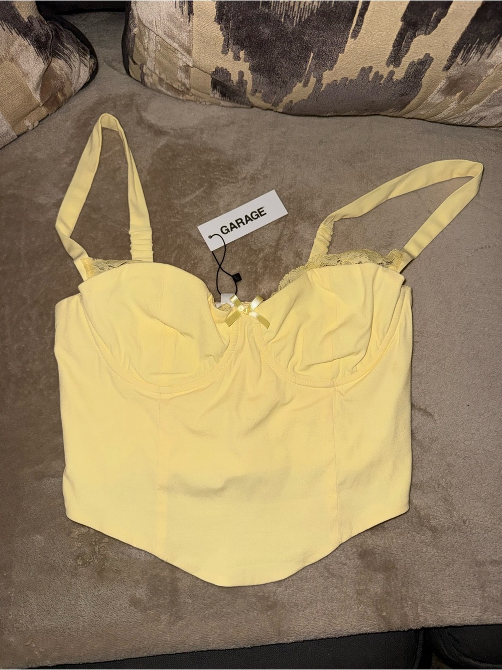 Garage Pale Yellow Bustier Crop Top with Lace Trim